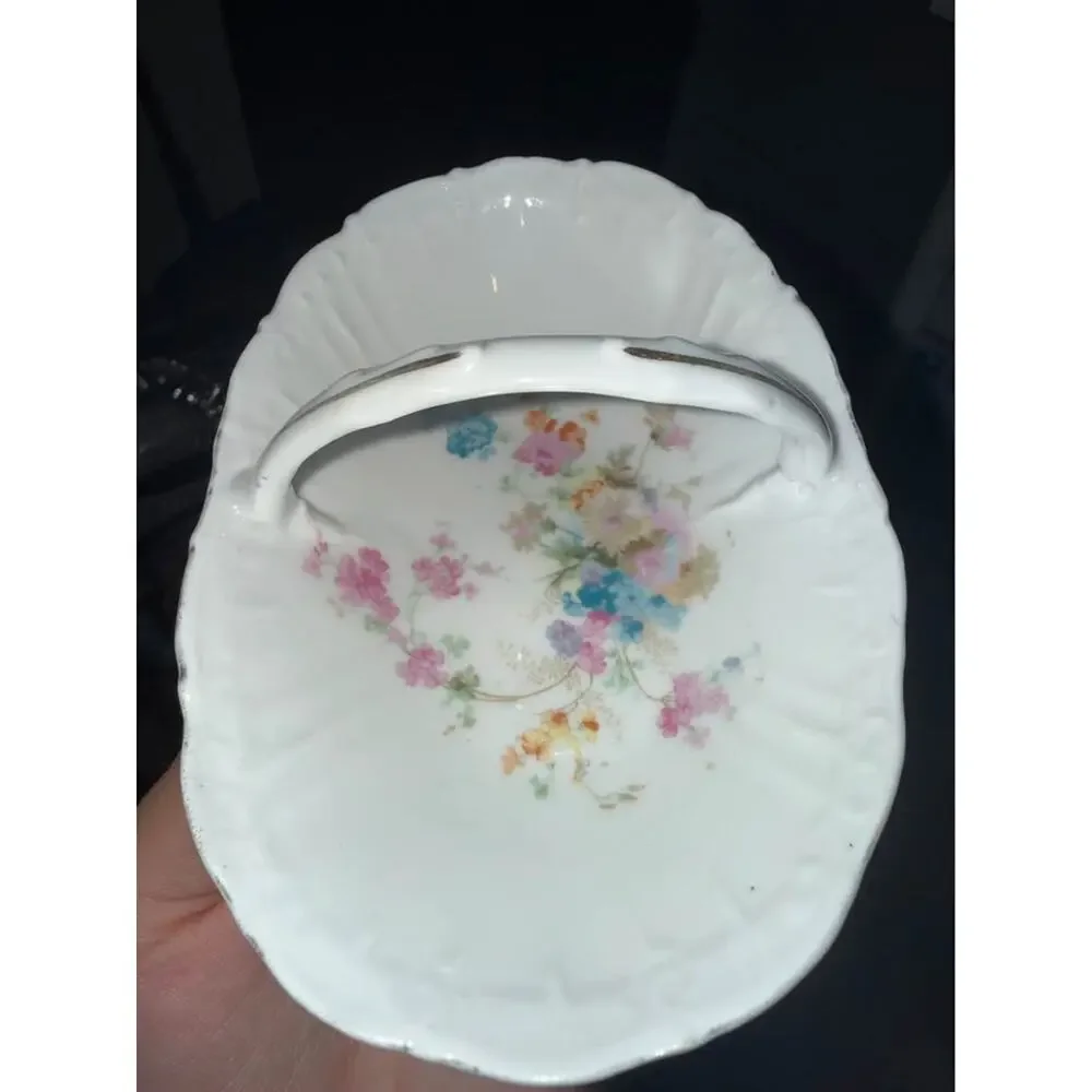 Vintage Fine China Basket With Handle, colored flower Pattern